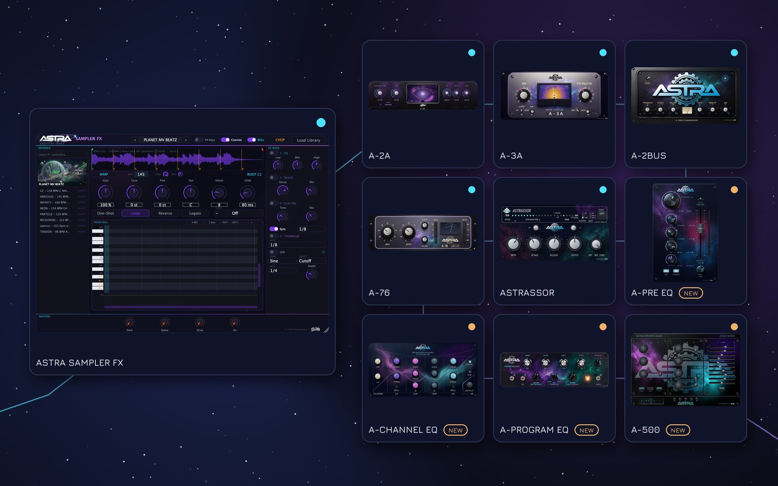 The ten plugins in the Astra subscription: Astra Sampler FX, A-2A, A-3A, A-2Bus, A-76, Astrassor, A-Pre EQ, A-Channel EQ, A-Program EQ and A-500