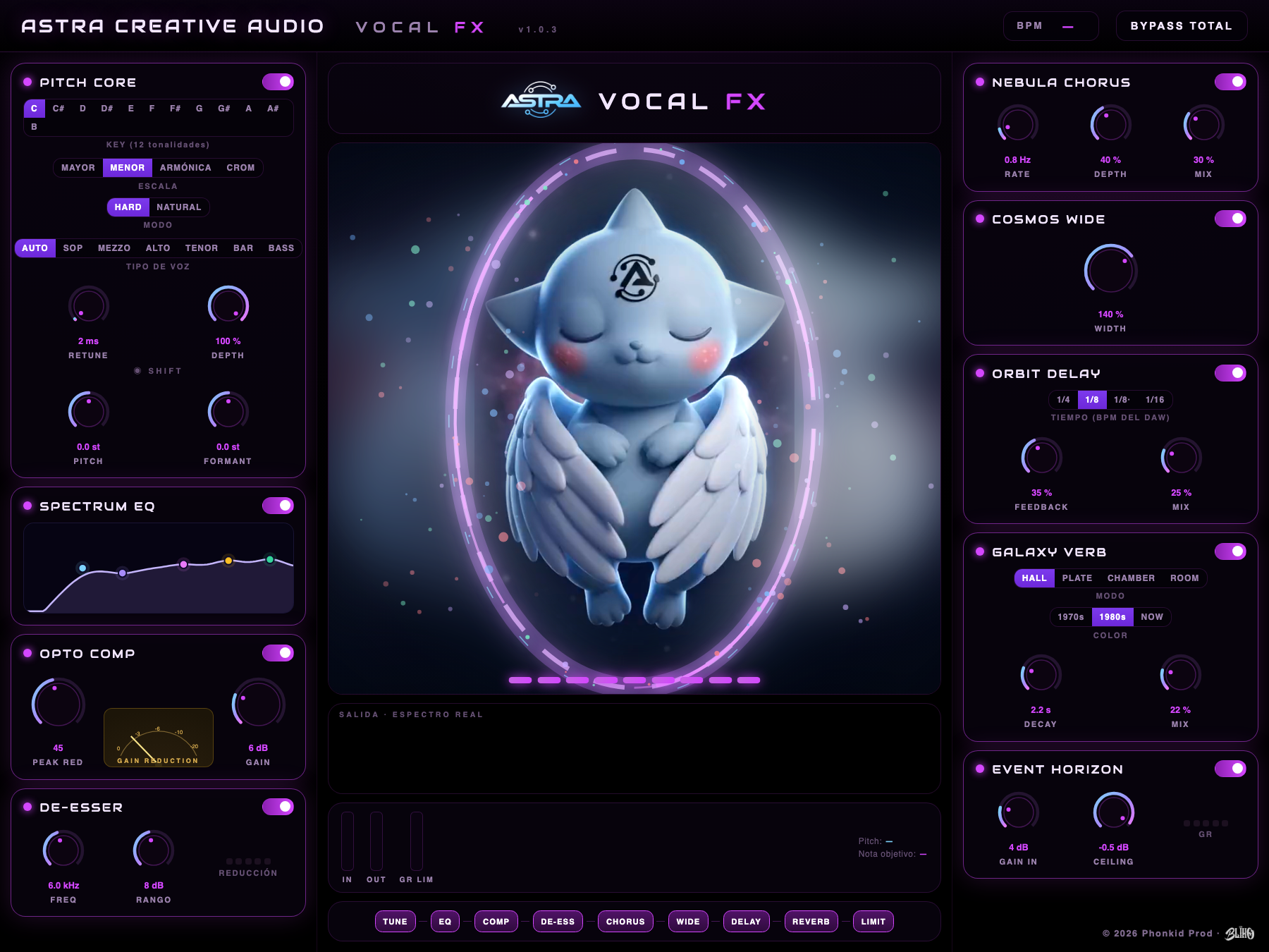 Panel del A-Vocal FX: los nueve módulos de la cadena vocal