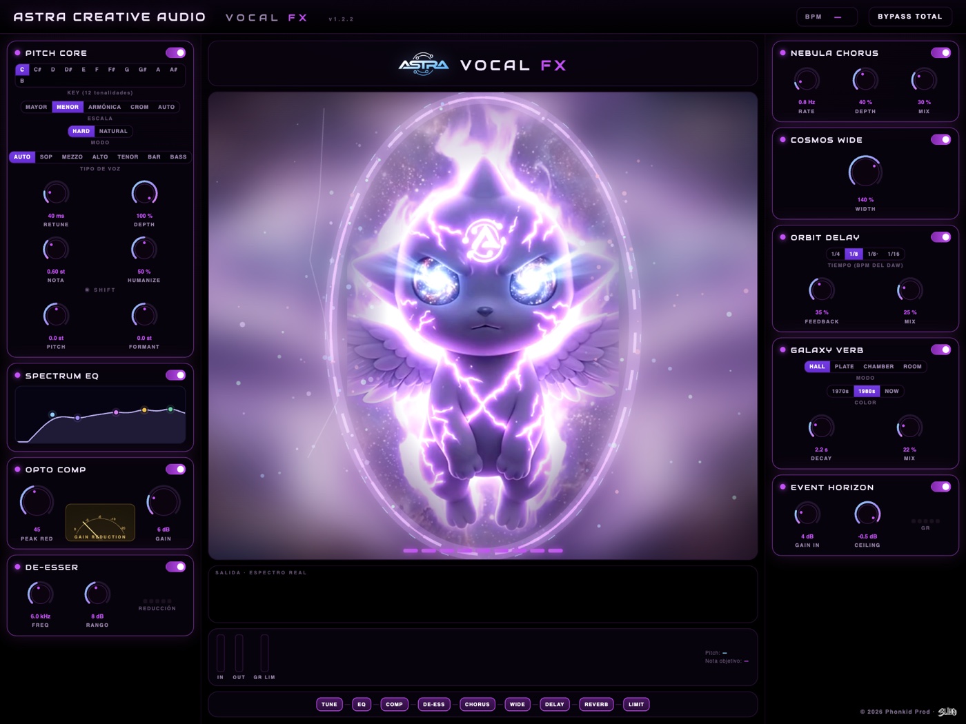 A-Vocal FX with all nine modules switched on: tuning, EQ, compressor, de-esser, chorus, width, delay, reverb and limiter, with Astrini in the middle.